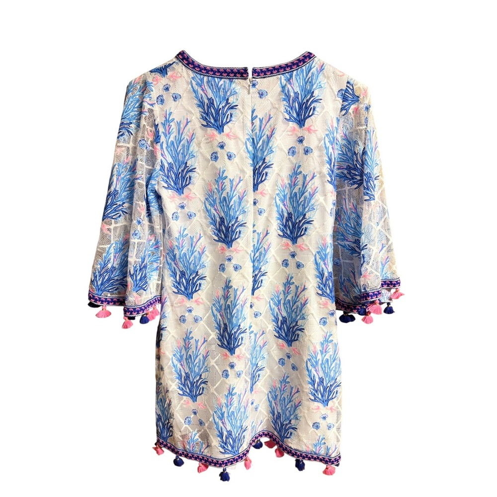 Lilly Pulitzer Jackelin Romper Seaspray Gray Off Shore Lace Tassel White Blue 0 - Picture 2 of 7
